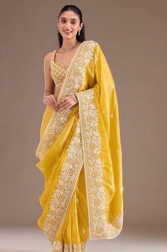 yellow sequin embroidered cut work premium gold crush saree with blouse
