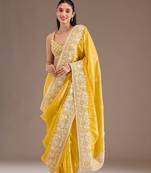 yellow sequin embroidered cut work premium gold crush saree with blouse