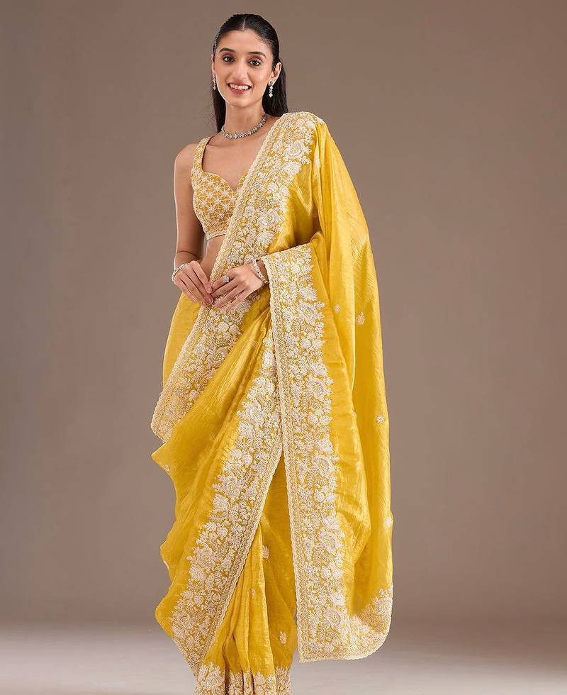 yellow sequin embroidered cut work premium gold crush saree with blouse