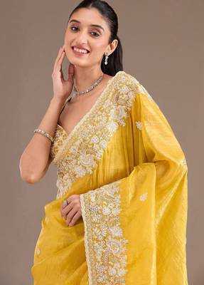 yellow sequin embroidered cut work premium gold crush saree with blouse 2