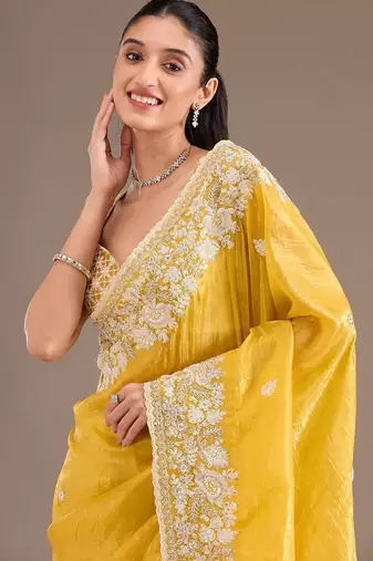 yellow sequin embroidered cut work premium gold crush saree with blouse