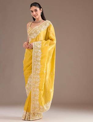 yellow sequin embroidered cut work premium gold crush saree with blouse 3