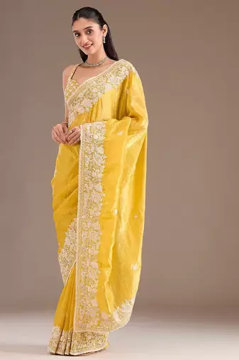 yellow sequin embroidered cut work premium gold crush saree with blouse