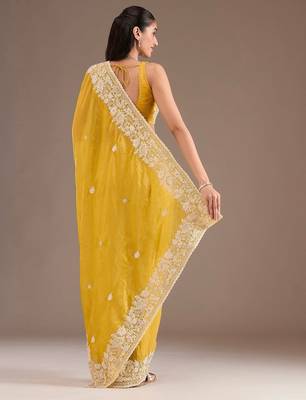 yellow sequin embroidered cut work premium gold crush saree with blouse 4