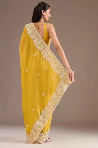 yellow sequin embroidered cut work premium gold crush saree with blouse