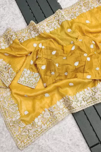 yellow sequin embroidered cut work premium gold crush saree with blouse
