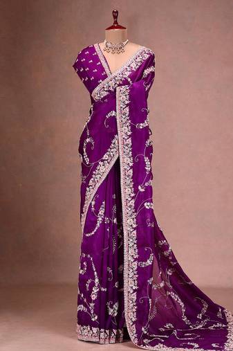 Purple embroidered, sequin embroidered jimmy choo bollywood saree with blouse