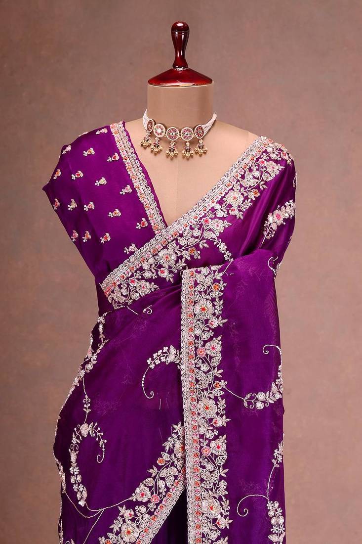 Purple embroidered, sequin embroidered jimmy choo bollywood saree with blouse