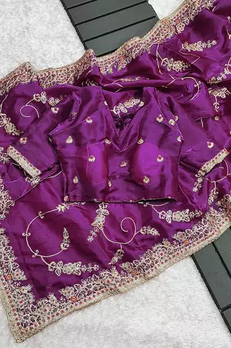Purple embroidered, sequin embroidered jimmy choo bollywood saree with blouse