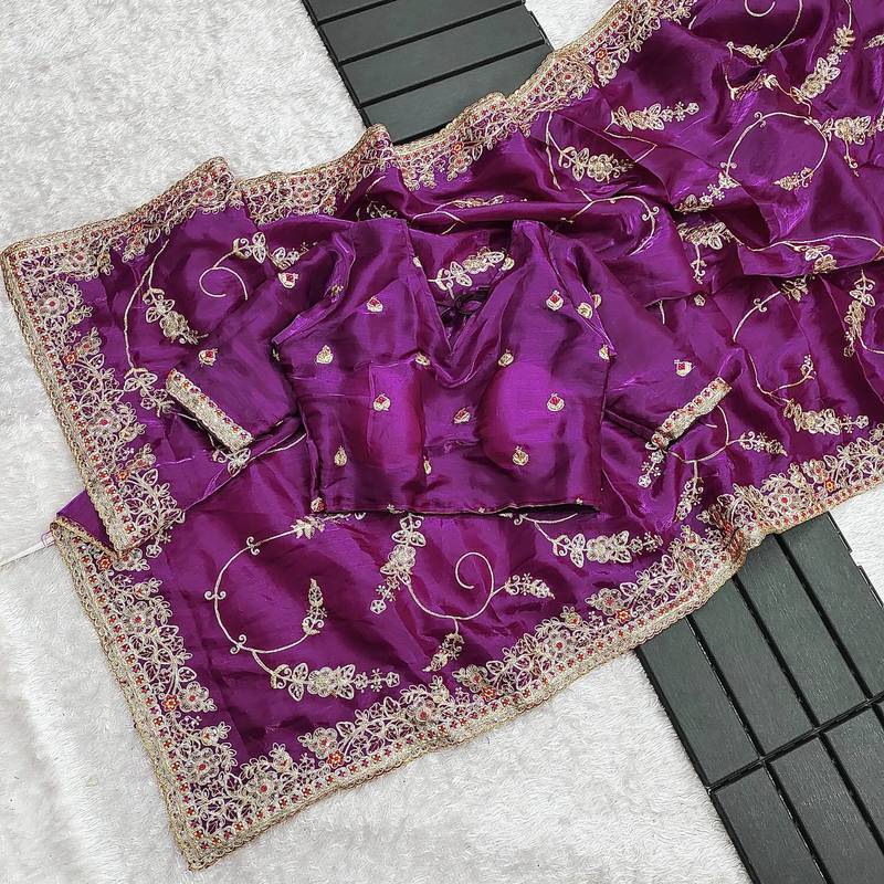 Purple embroidered, sequin embroidered jimmy choo bollywood saree with blouse