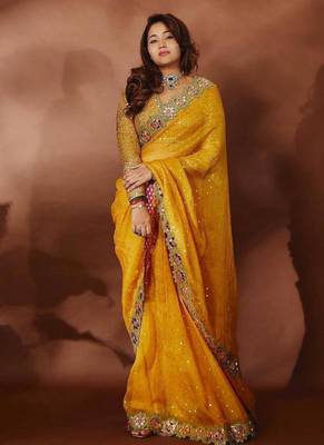 yellow sequin embroidered mirror work georgette saree with blouse 1
