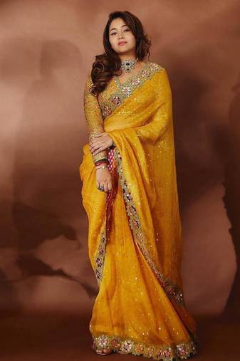 yellow sequin embroidered mirror work georgette saree with blouse