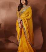 yellow sequin embroidered mirror work georgette saree with blouse