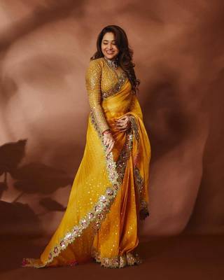 yellow sequin embroidered mirror work georgette saree with blouse 3