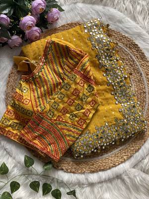 yellow sequin embroidered mirror work georgette saree with blouse 4