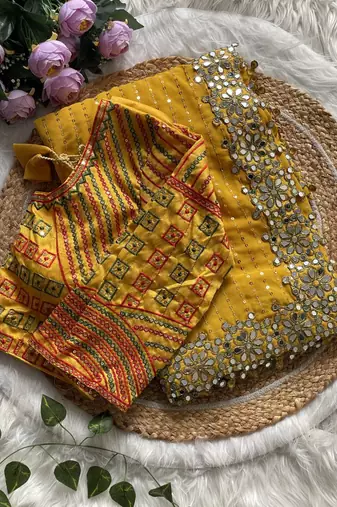 yellow sequin embroidered mirror work georgette saree with blouse