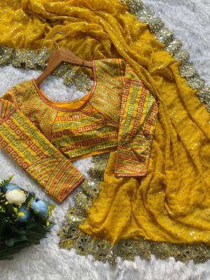 yellow sequin embroidered mirror work georgette saree with blouse 5