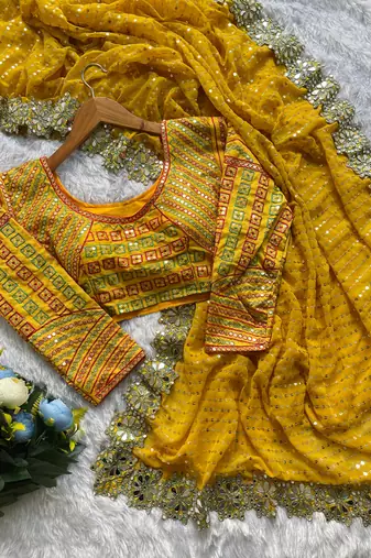 yellow sequin embroidered mirror work georgette saree with blouse
