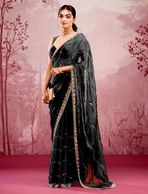 Black mirror work, cut work soft burberry silk bollywood saree with blouse 1