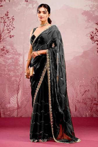 Black mirror work, cut work soft burberry silk bollywood saree with blouse