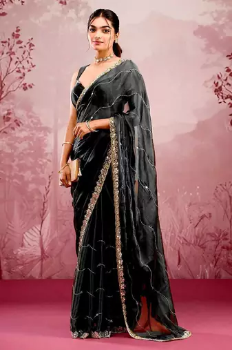 Black mirror work, cut work soft burberry silk bollywood saree with blouse