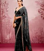 Black mirror work, cut work soft burberry silk bollywood saree with blouse