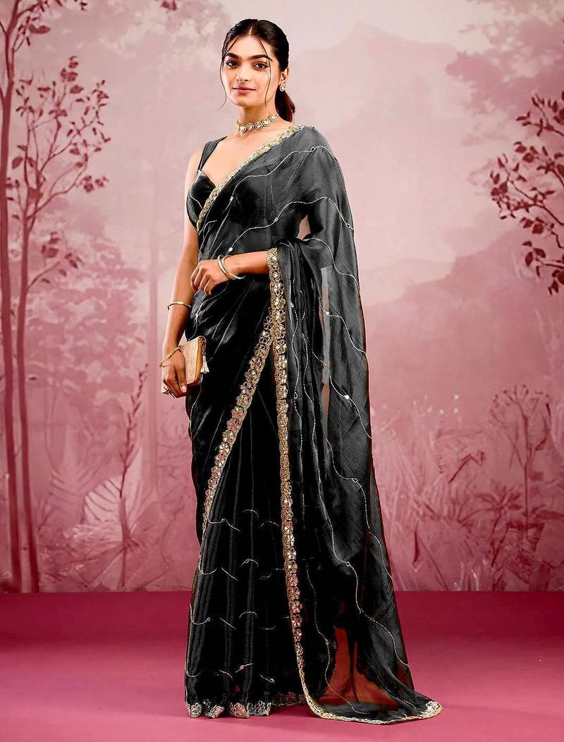 Black mirror work, cut work soft burberry silk bollywood saree with blouse