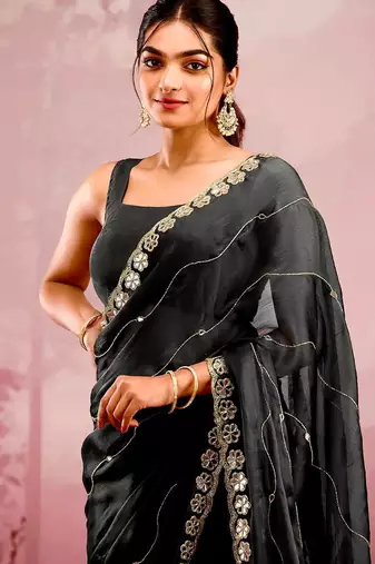 Black mirror work, cut work soft burberry silk bollywood saree with blouse