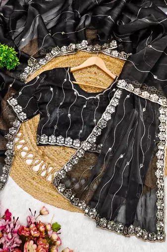 Black mirror work, cut work soft burberry silk bollywood saree with blouse