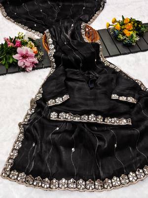 Black mirror work, cut work soft burberry silk bollywood saree with blouse 4