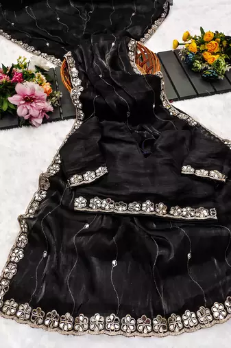 Black mirror work, cut work soft burberry silk bollywood saree with blouse