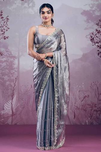 Grey mirror work, cut work soft burberry silk bollywood saree with blouse