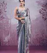 Grey mirror work, cut work soft burberry silk bollywood saree with blouse