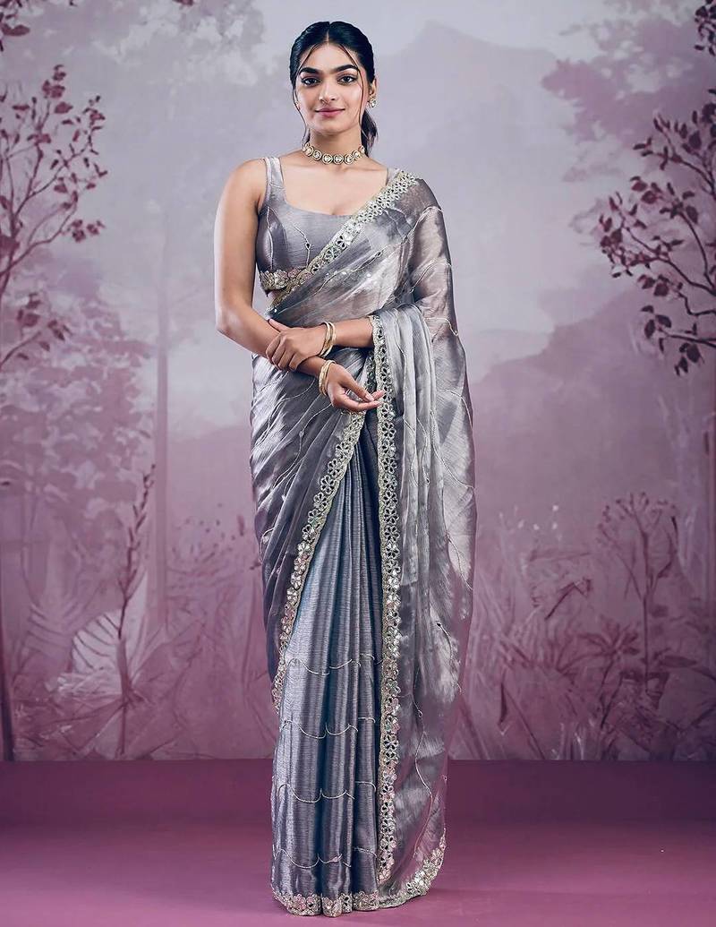 Grey mirror work, cut work soft burberry silk bollywood saree with blouse