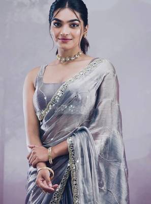 Grey mirror work, cut work soft burberry silk bollywood saree with blouse 2