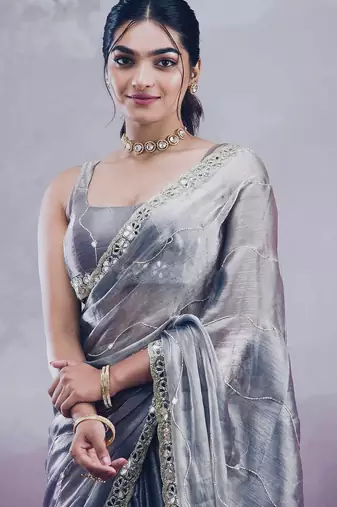 Grey mirror work, cut work soft burberry silk bollywood saree with blouse
