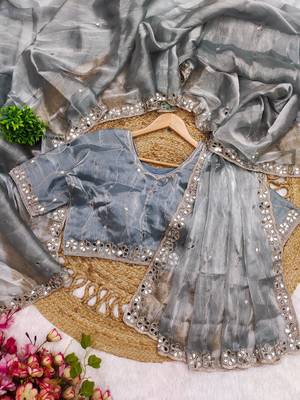 Grey mirror work, cut work soft burberry silk bollywood saree with blouse 3