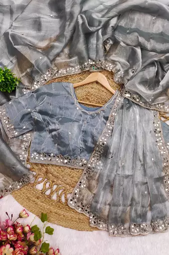 Grey mirror work, cut work soft burberry silk bollywood saree with blouse