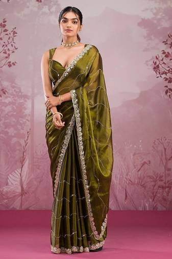 Mehendi mirror work, cut work soft burberry silk bollywood saree with blouse