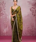 Mehendi mirror work, cut work soft burberry silk bollywood saree with blouse
