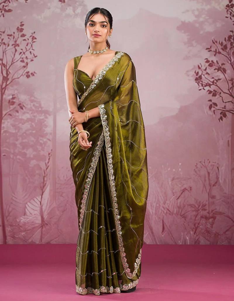 Mehendi mirror work, cut work soft burberry silk bollywood saree with blouse