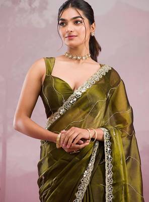 Mehendi mirror work, cut work soft burberry silk bollywood saree with blouse 2