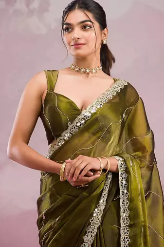 Mehendi mirror work, cut work soft burberry silk bollywood saree with blouse
