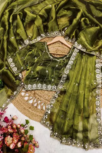 Mehendi mirror work, cut work soft burberry silk bollywood saree with blouse