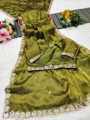 Mehendi mirror work, cut work soft burberry silk bollywood saree with blouse 4