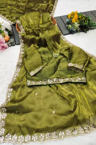 Mehendi mirror work, cut work soft burberry silk bollywood saree with blouse
