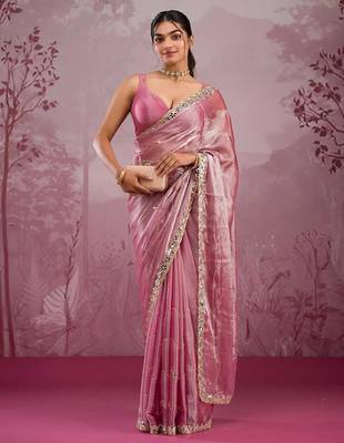 Pink mirror work, cut work soft burberry silk bollywood saree with blouse 1