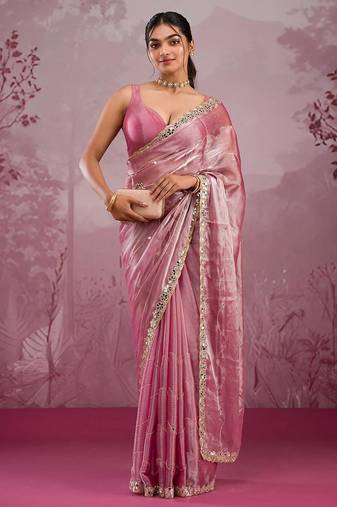 Pink mirror work, cut work soft burberry silk bollywood saree with blouse