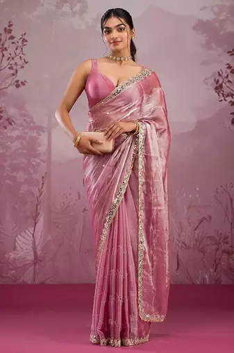Pink mirror work, cut work soft burberry silk bollywood saree with blouse