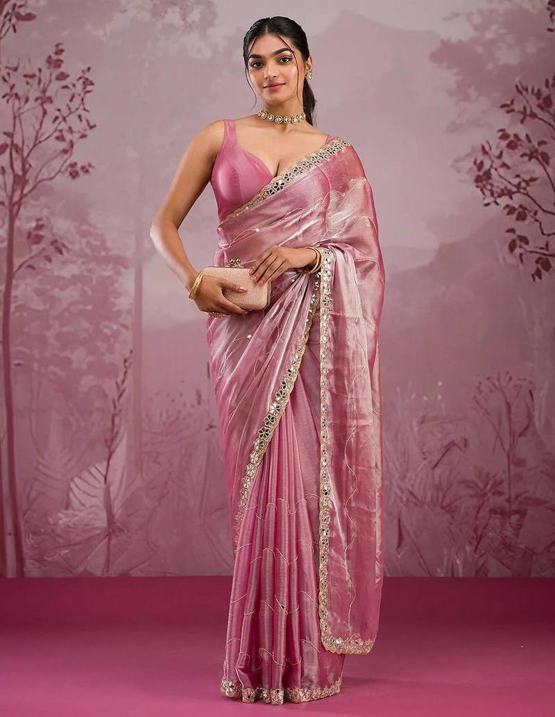 Pink mirror work, cut work soft burberry silk bollywood saree with blouse